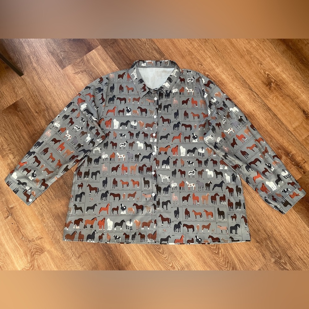 Novelty All Over Horse Print Womens Button Down Top Blouse Size 5XL‎ Western